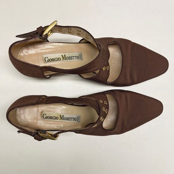 Vintage Giorgio Moretto Brown D'Orsay Cross Strap Heels EU 38 US 7.5 Pointed Toe - Picture 4 of 9
